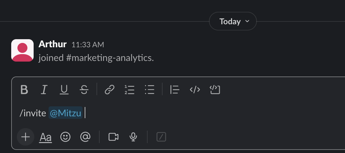Inviting Mitzu to a Slack channel