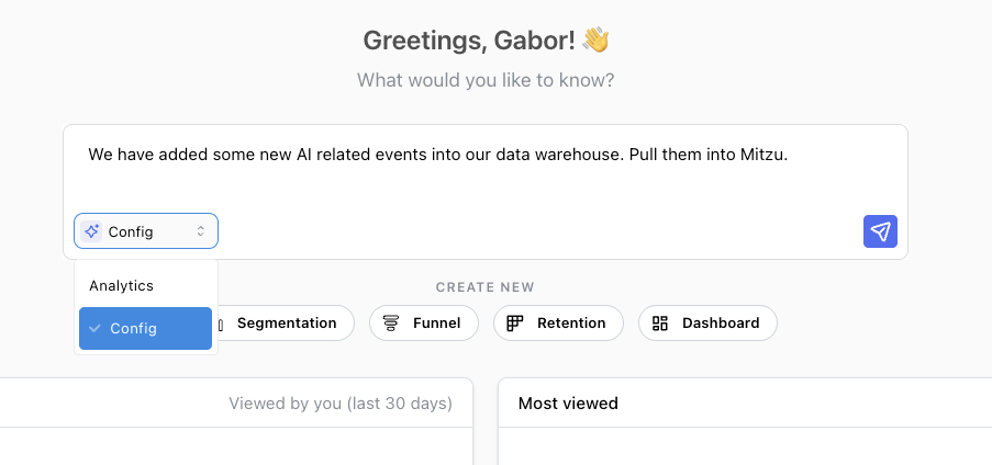 Agent mode selector showing Analytics and Config options
