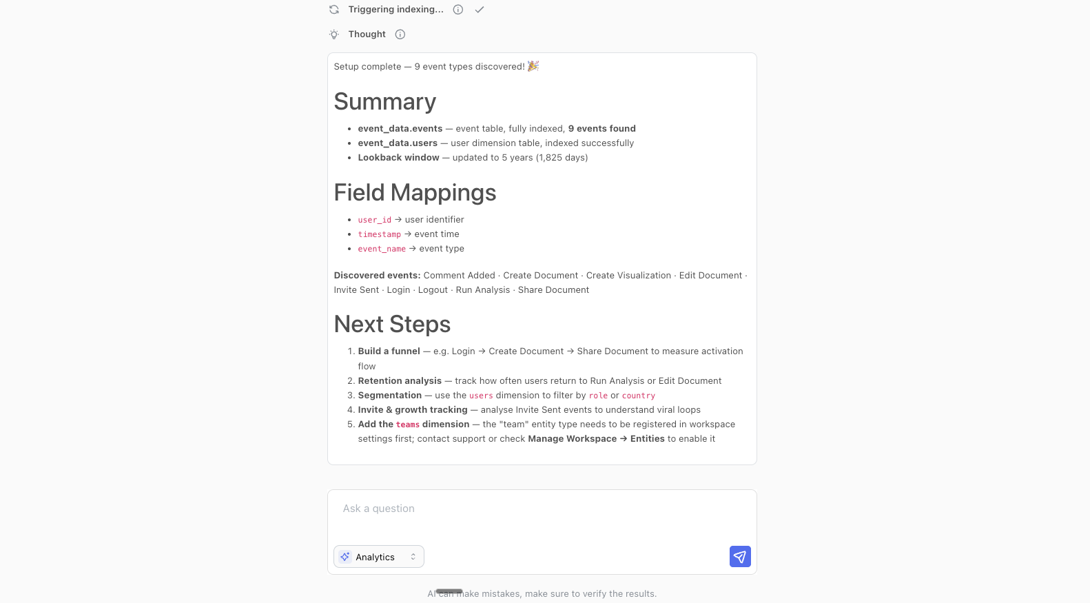 Configuration agent setup summary with discovered events and next steps