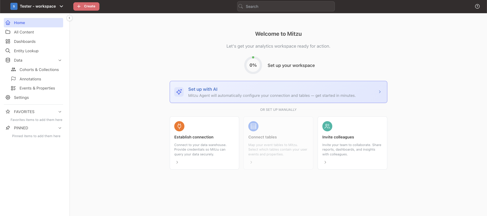 Onboarding home page with Set up with AI button
